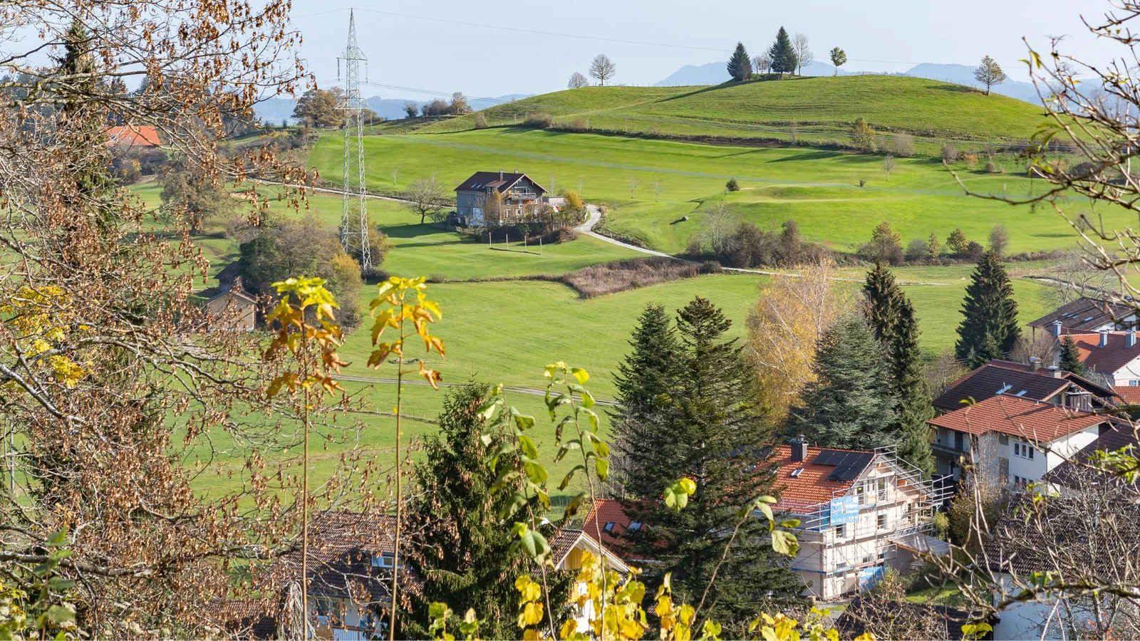 Grüne Wiesen und weiter Blick auf die Allgäuer Berglandschaft rund um Scheidegg.